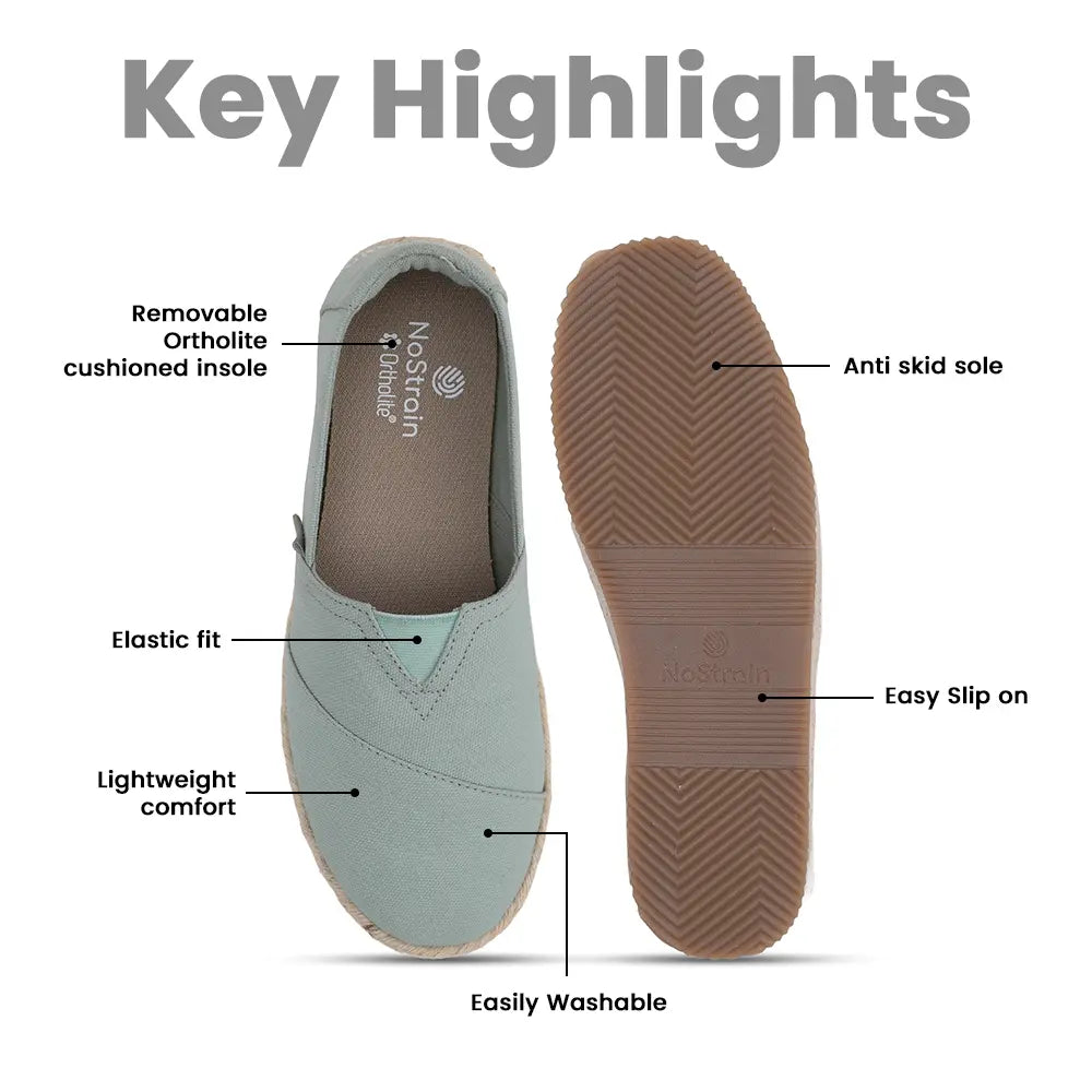 NoStrain sage green casual espadrilles for women designed for lightweight and easy daily wear.