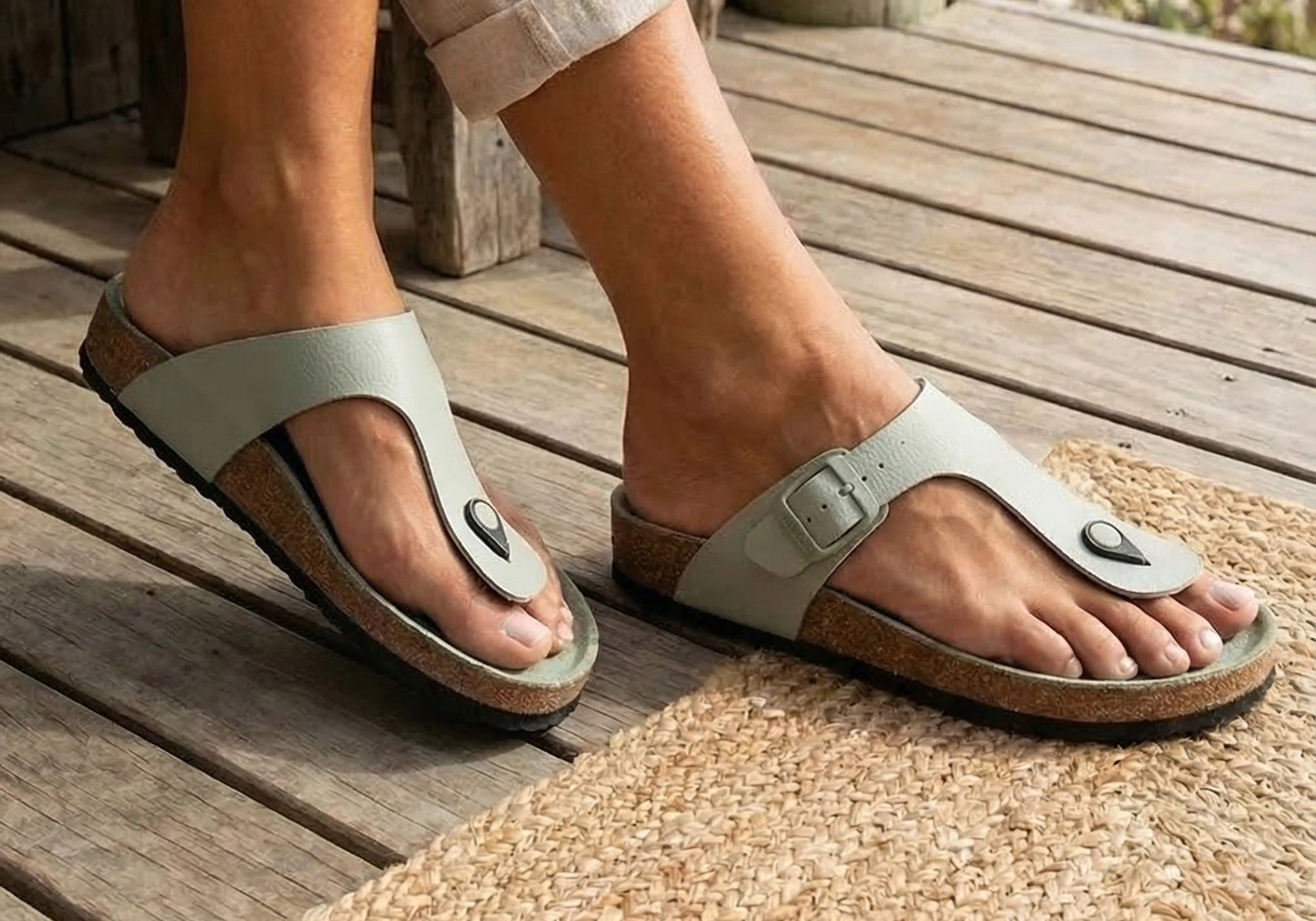 NoStrain light gray sandals for women with brown soles