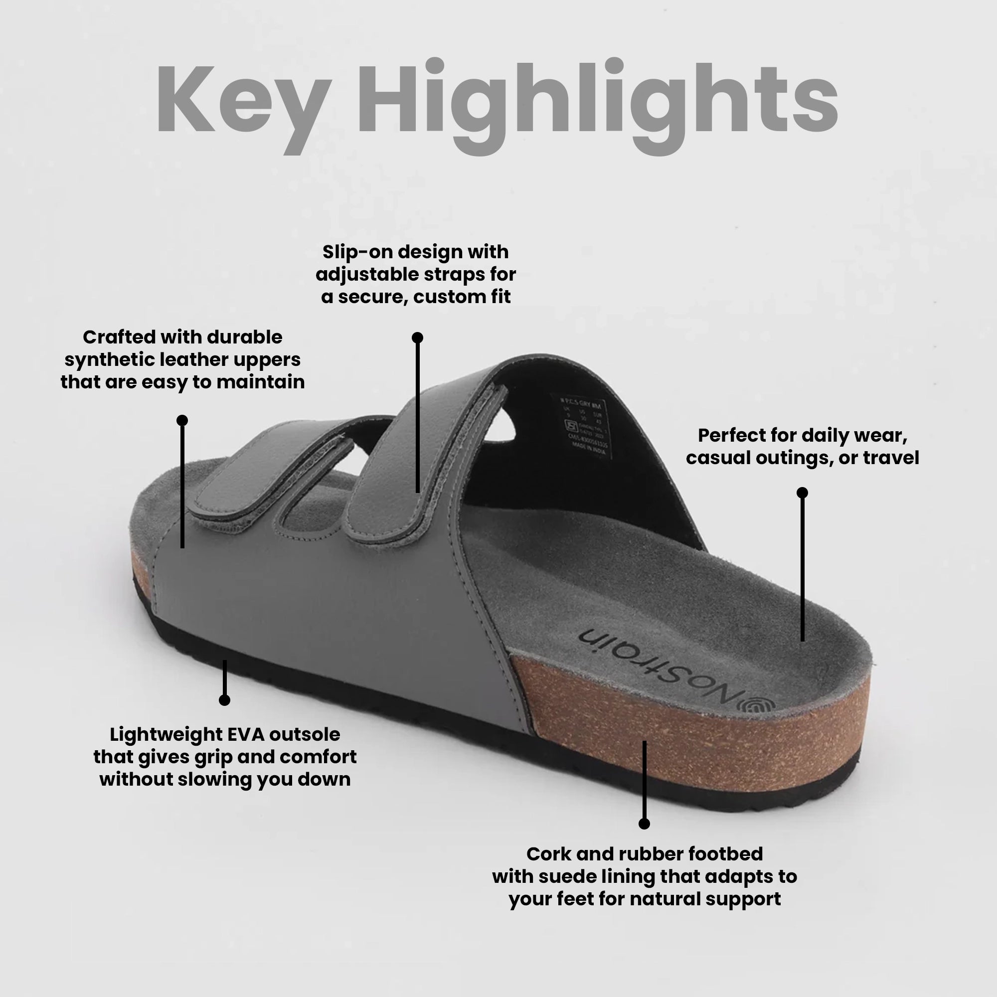 Men Grey cork sandals with features highlighted