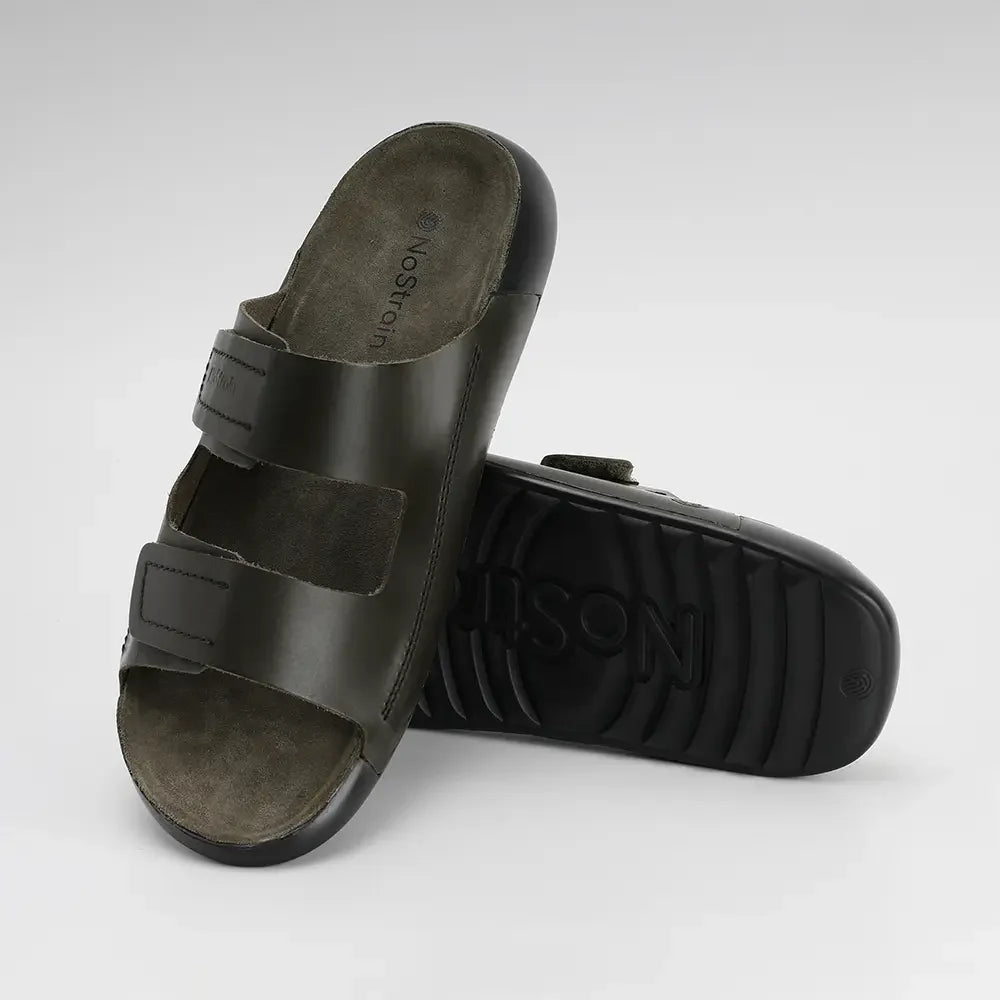 Olive green leather sandals for men