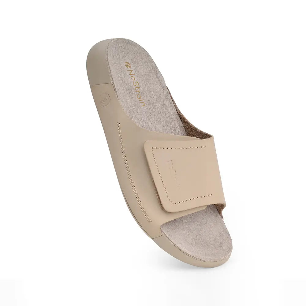Broad Strap Leather Sliders for men in Beige - LS12