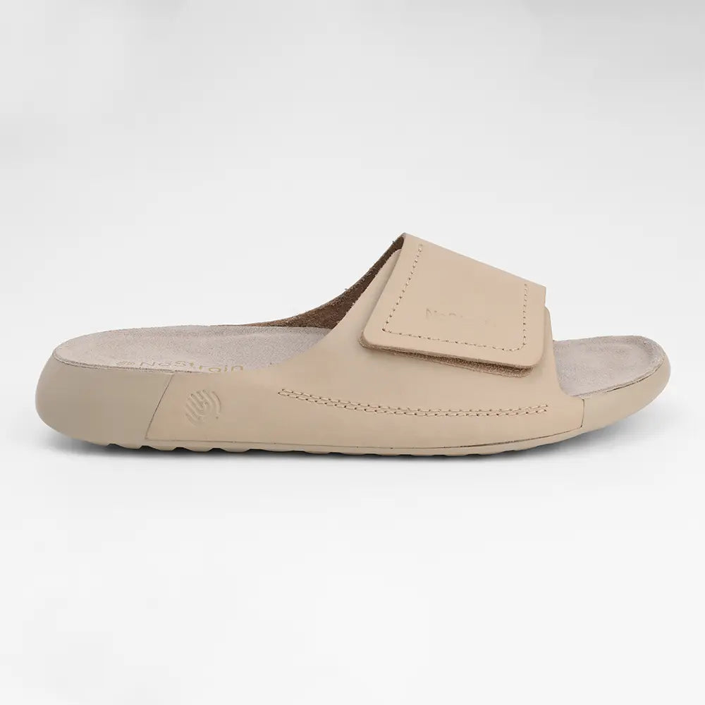 Broad Strap Leather Sliders for men in Beige - LS12