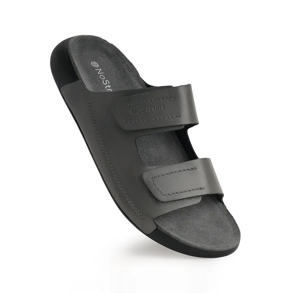 Grey leather sandals with double adjustable straps