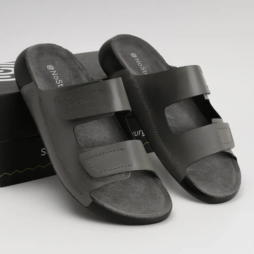 NoStrain men grey leather sandals with adjustable strap