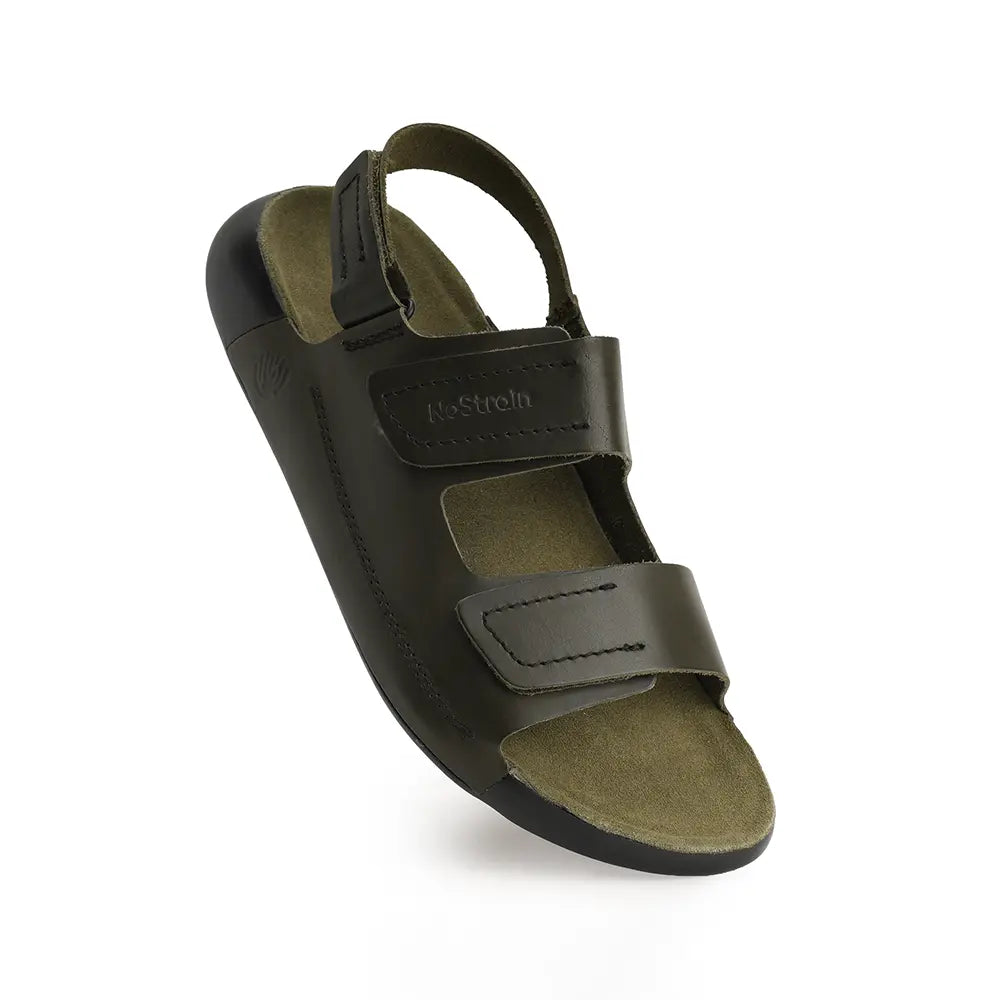 Side view of the Olive Green men's sandal, showing the secure fit provided by the back strap