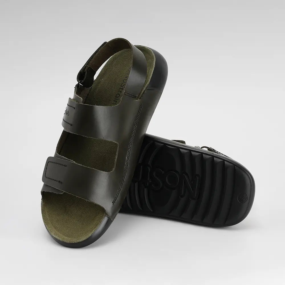 Olive Green back-strap sandals for men, showcasing the adjustable front hook & loop closure.