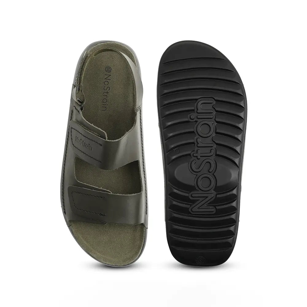 BIS certified hook & loop system on a Men's Olive Green leather footwear product.