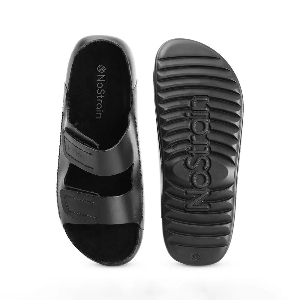 Dual hook & loop closure provides fully adjustable NoStrain Comfort in these sandals.