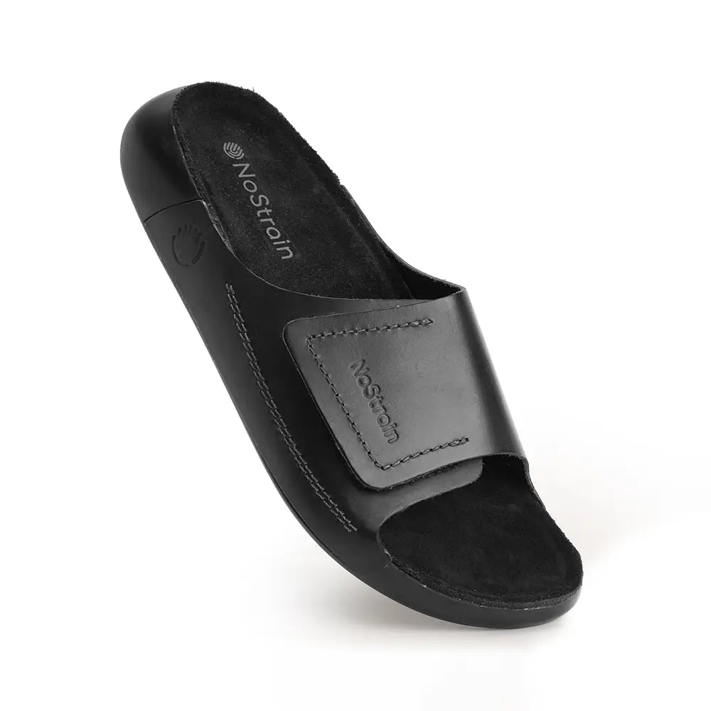 Effortless Style black leather sliders, a comfortable, high-quality Indian Footwear choice.