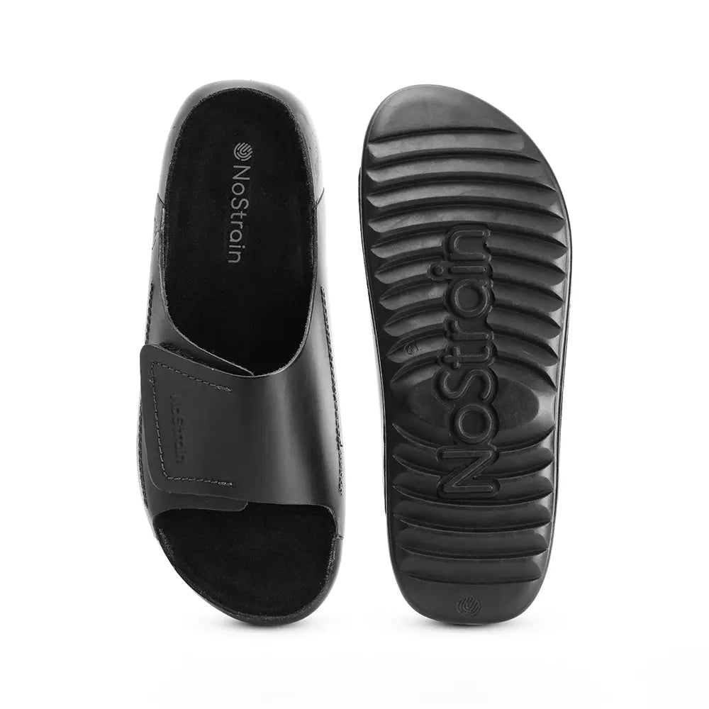 Black broad strap sliders for women, a stylish statement in Premium Quality leather.