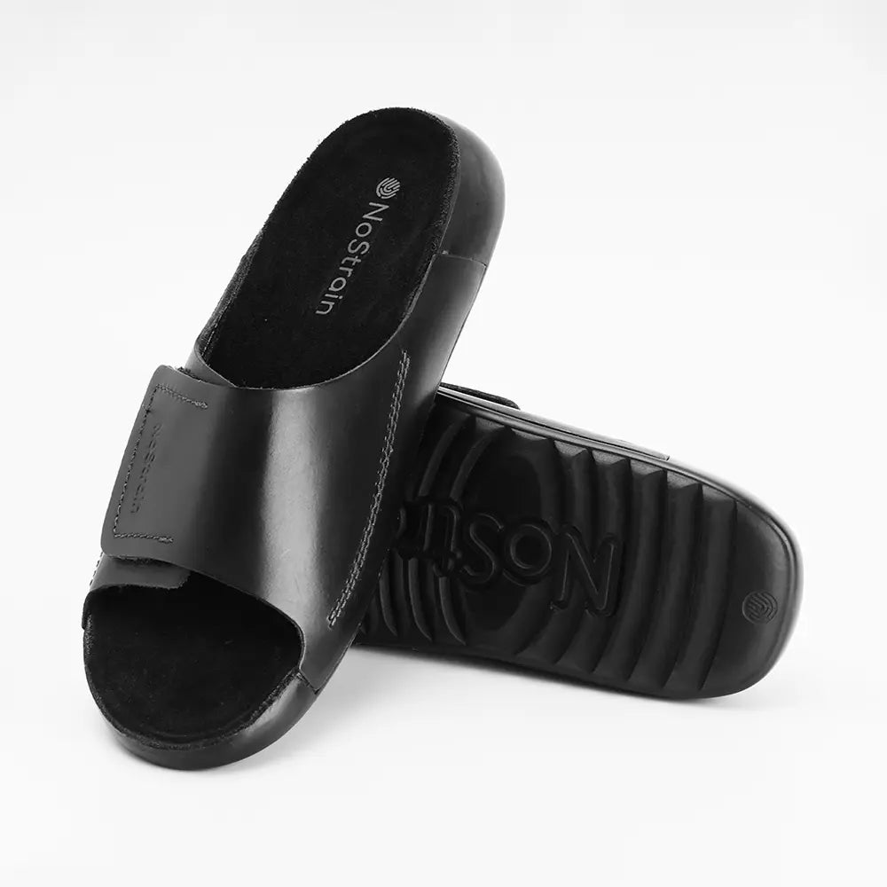 Black slip-on leather sliders for women, offering the ISI marked standard of quality and convenience.