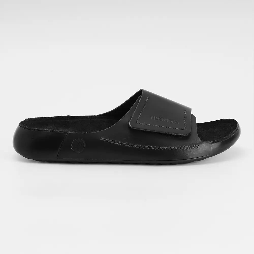 Women's black leather sliders featuring the convenient Broad BIS certified hook & loop closure.