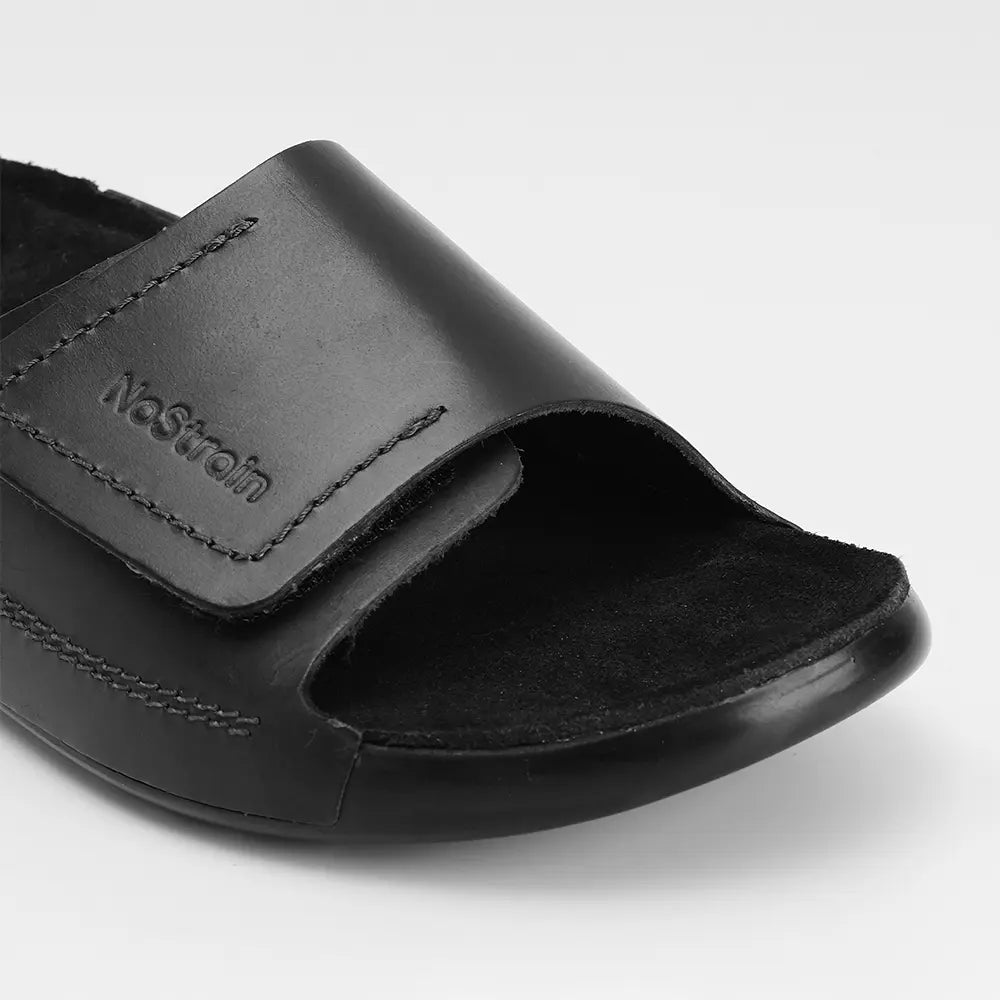 Trending women's black broad strap sliders, perfect for modern Indian Footwear style.