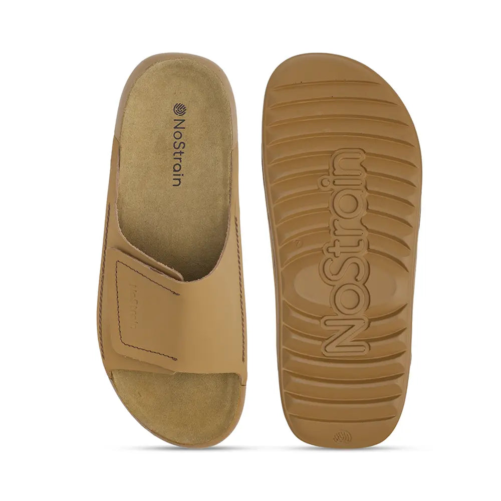 Comfortable NoStrain ladies camel footwear featuring BIS certified hook loop closure and PU sole.