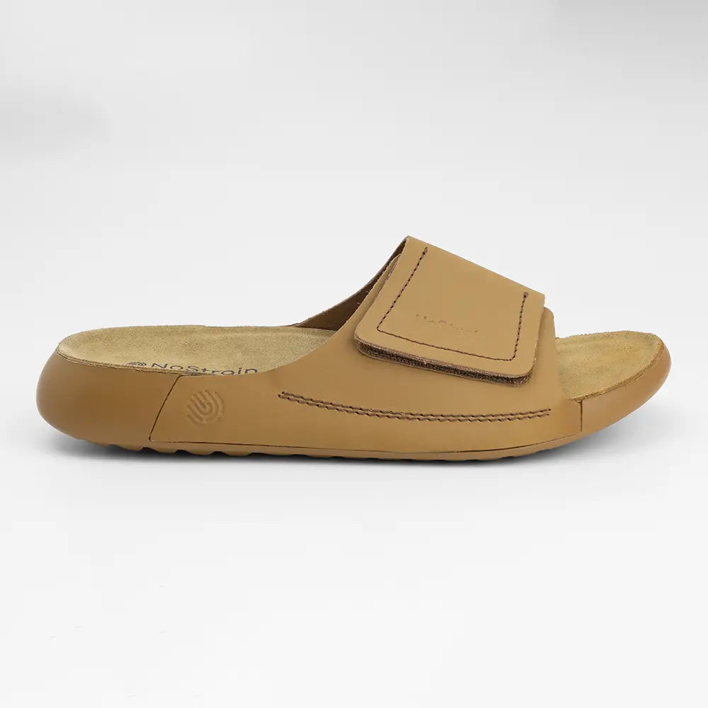 Comfortable NoStrain ladies camel footwear featuring BIS certified hook loop closure and PU sole.