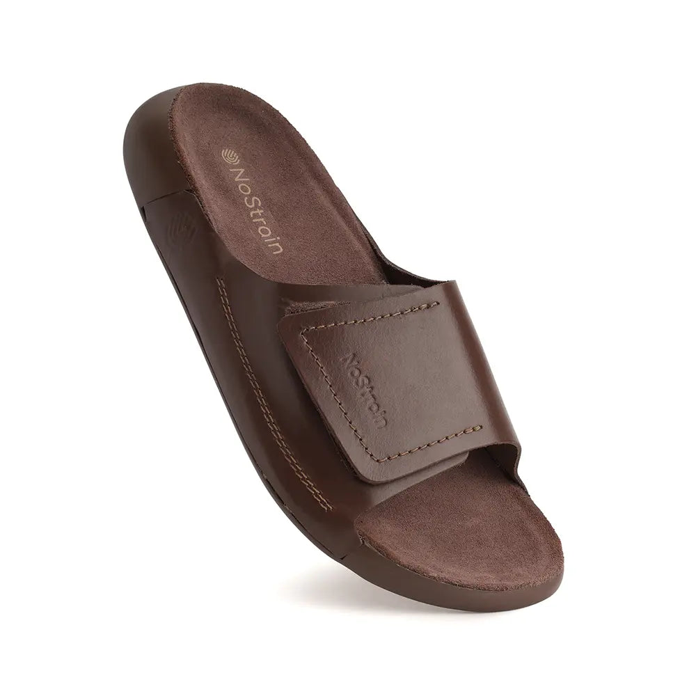 Versatile brown leather sliders, essential for everyday wear and long-lasting Premium Quality.
