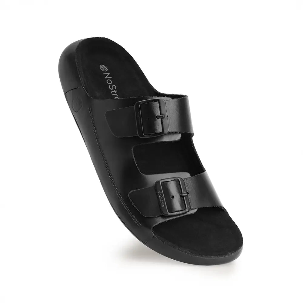 Black leather sandals for women featuring adjustable buckles and a secure, versatile fit.