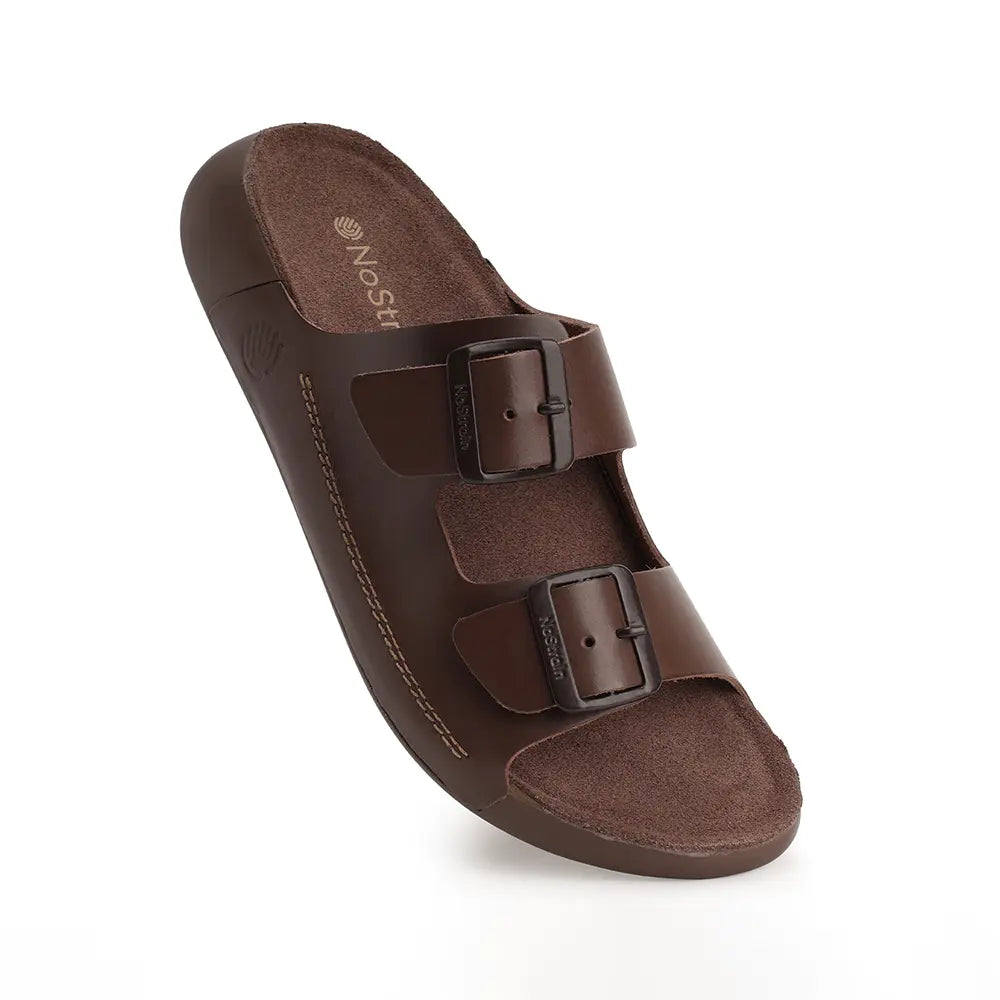 NoStrain women brown leather sandals with front buckle design and ISI marked quality.