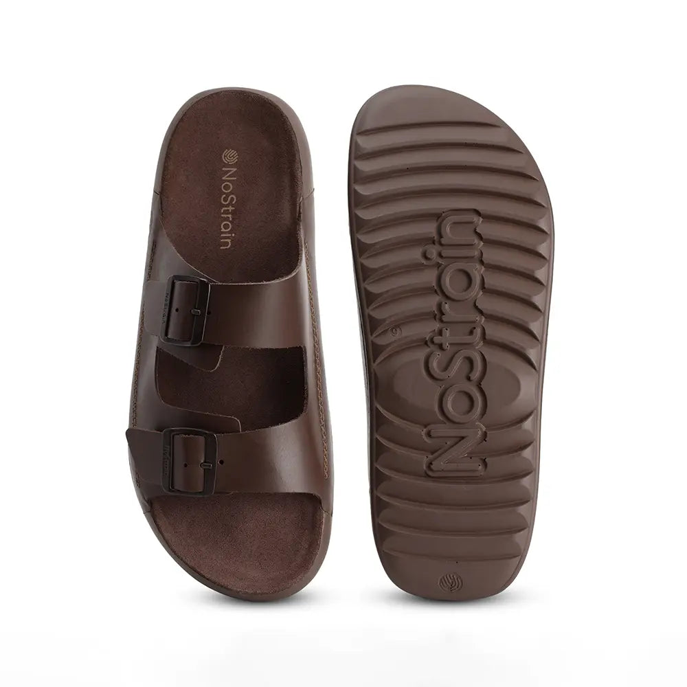 NoStrain brown leather sandals women featuring lightweight PU sole and secure metal buckles.