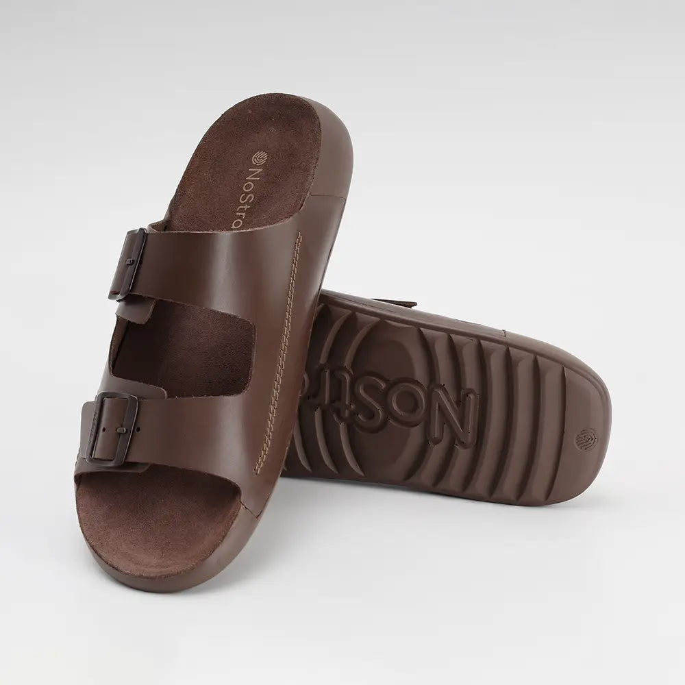 ISI marked premium leather men's sandals with PU outsole. Best brown casual footwear.