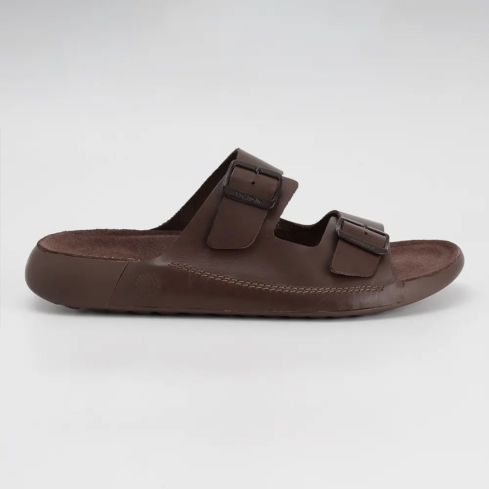 Brown men's casual sandals featuring premium leather upper and dual buckles. Suede insole comfort.