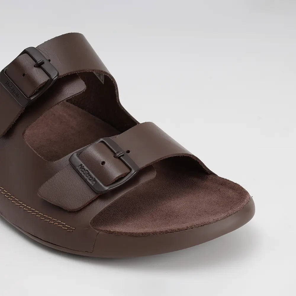 Durable PU outsole on premium brown leather dual buckle sandals. Ideal men's summer footwear.