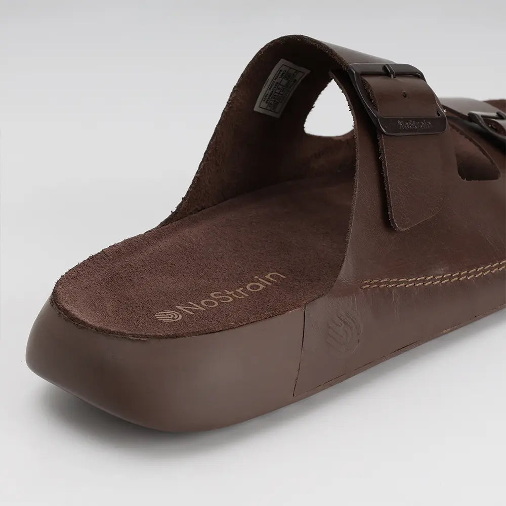 Genuine suede leather insole in brown dual buckle sandals for men. Premium leather upper.