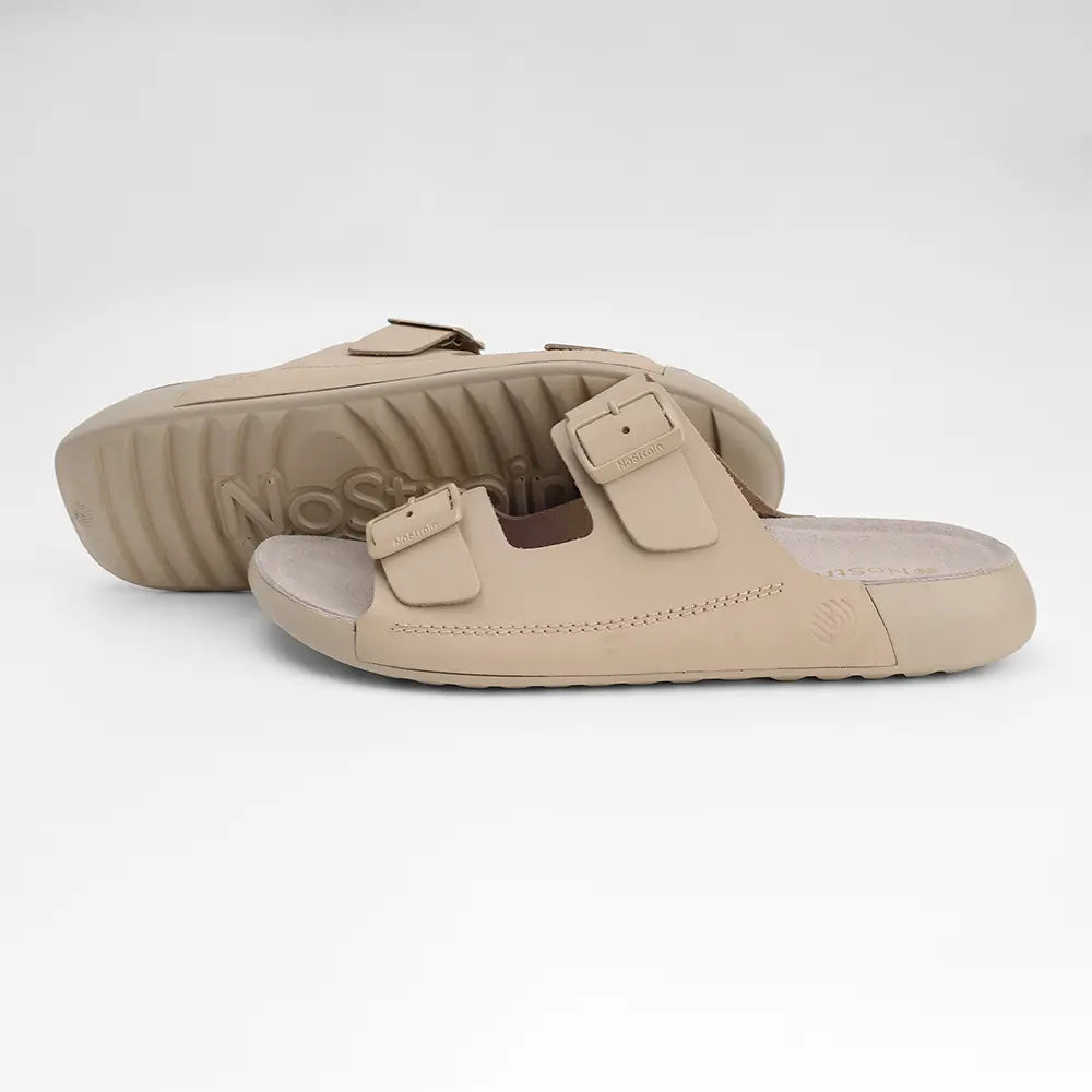 NoStrain women's beige open-toe leather sandals with ISI marked quality and durable grip.