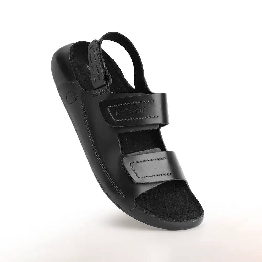 Women's adjustable black sandals with top grade hook and loop closures on both straps