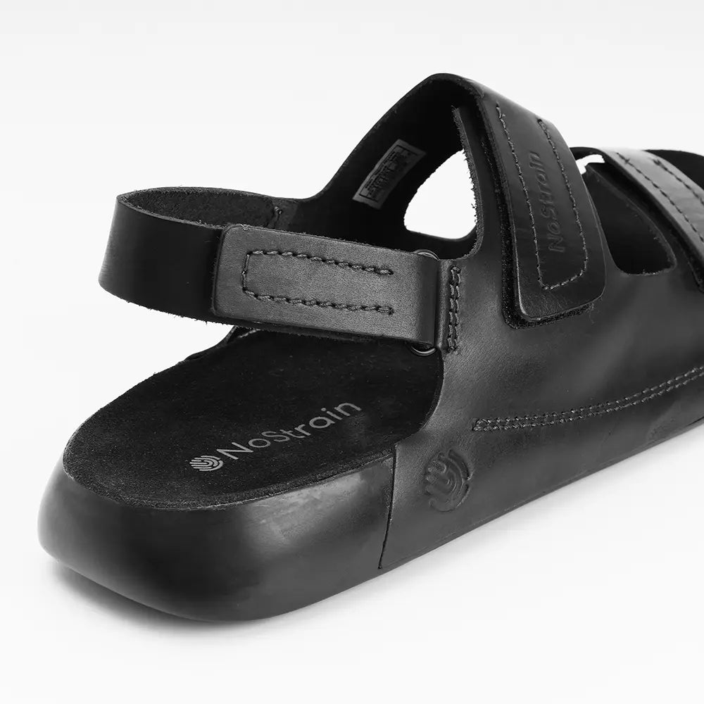 Black leather sandals for women, featuring a secure back strap design for daily wear.