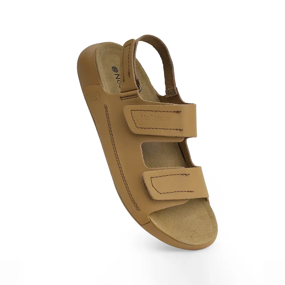NoStrain women's open-toe camel leather sandals with durable outsoles and easy-fasten straps.