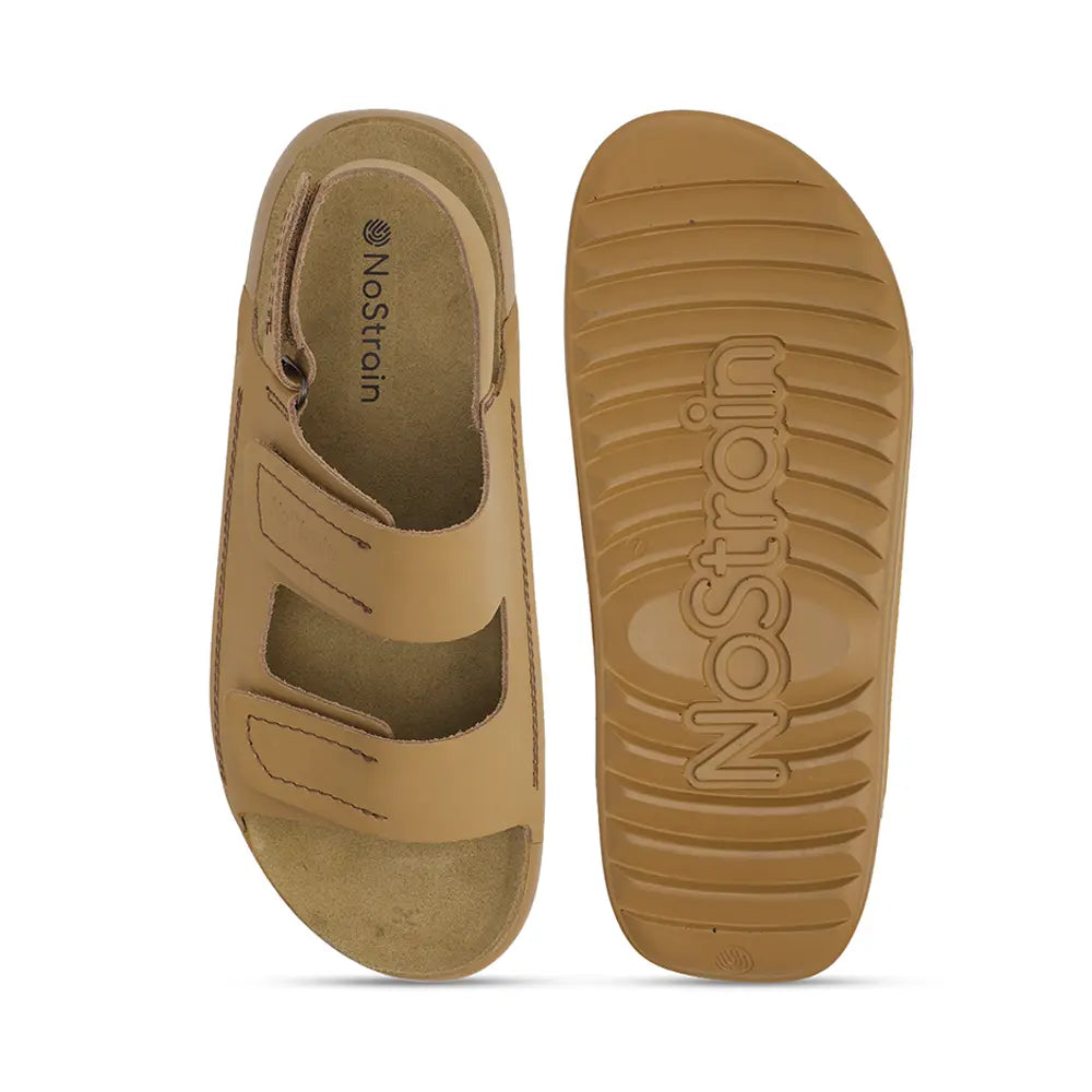 Comfortable women's camel leather footwear with secure front and back strap closures from NoStrain.