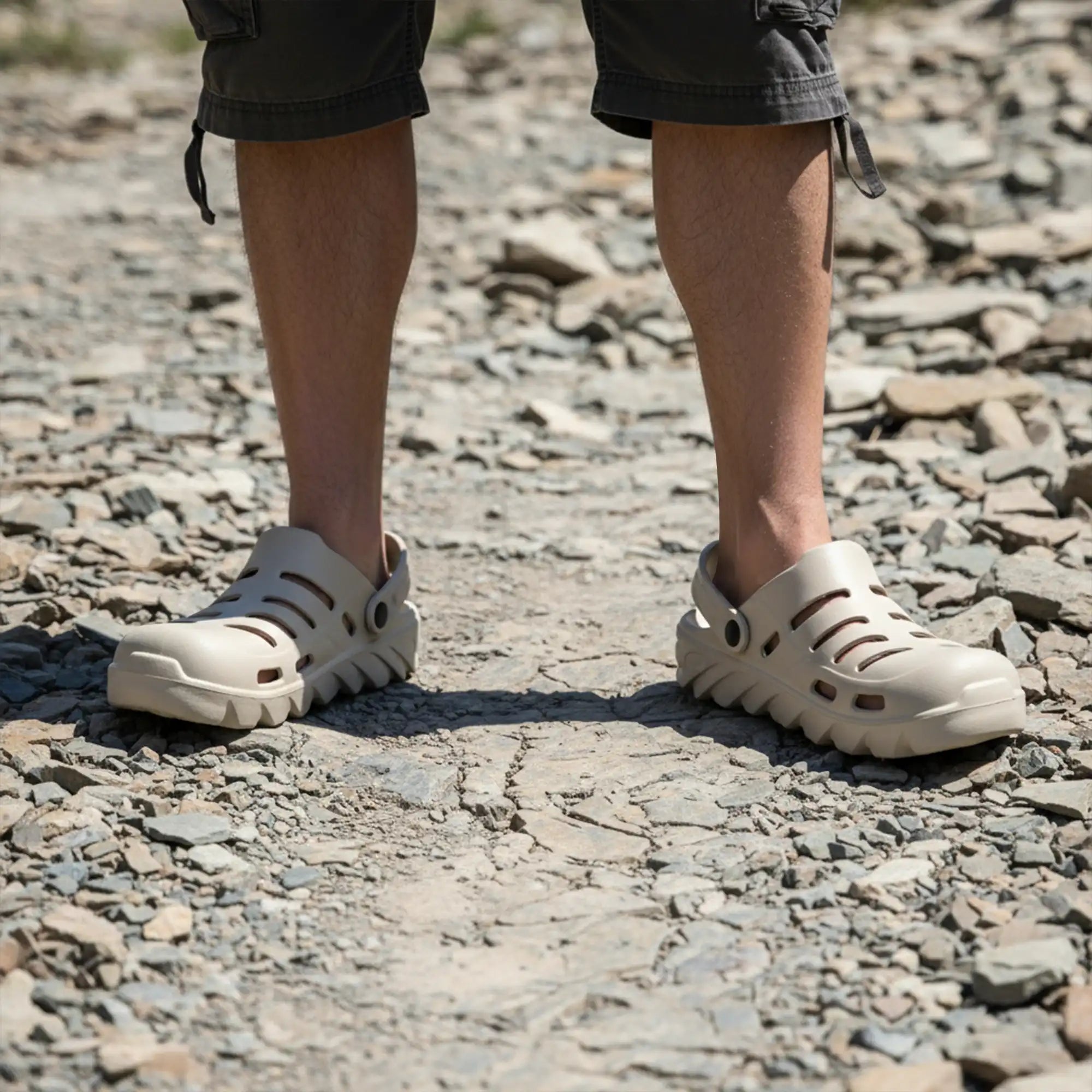 Person wearing NoStrain beige clogs on a rocky ground