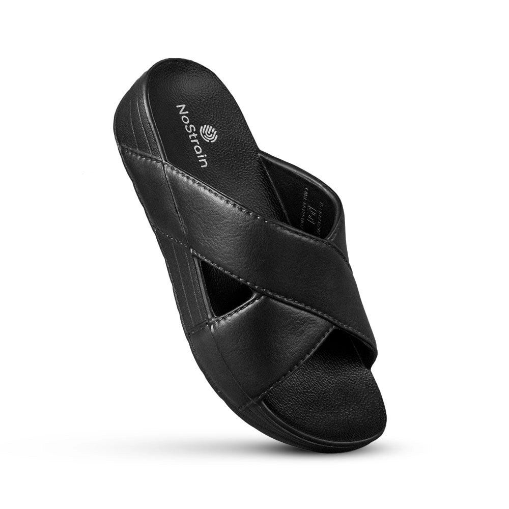 Comfortable cushioned black slippers designed for long hours of wear