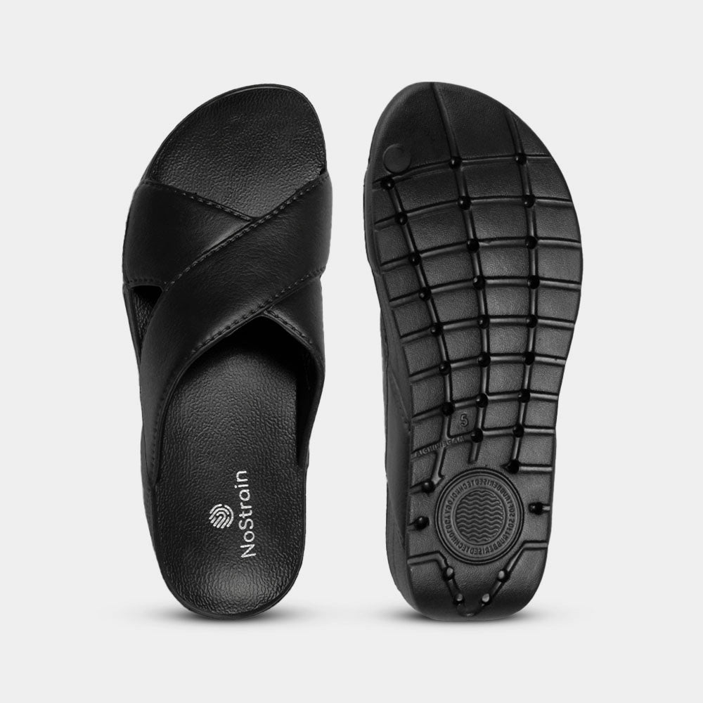 Minimalist matte finish cross-strap slippers for women in black color