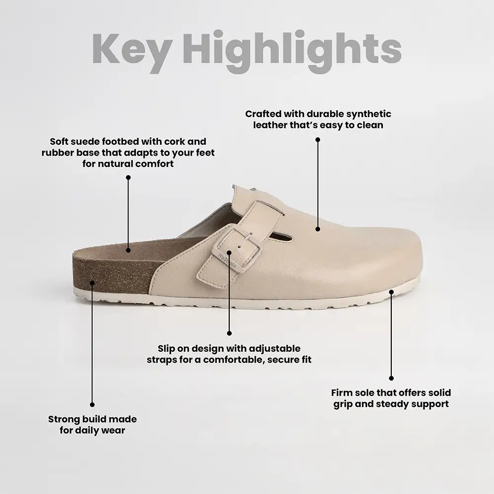 Beige mule cork shoes with features highlighted