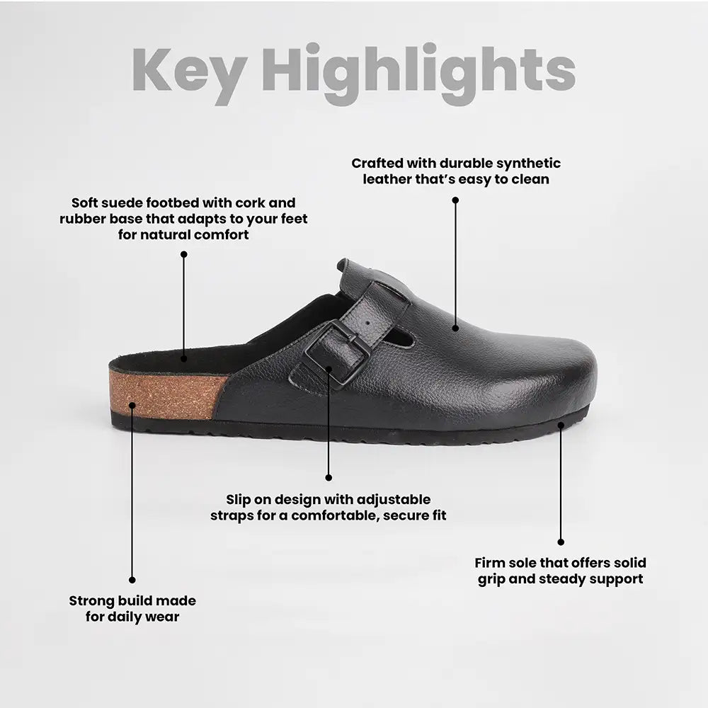 Black mule cork mule & half shoes with features highlighted for men