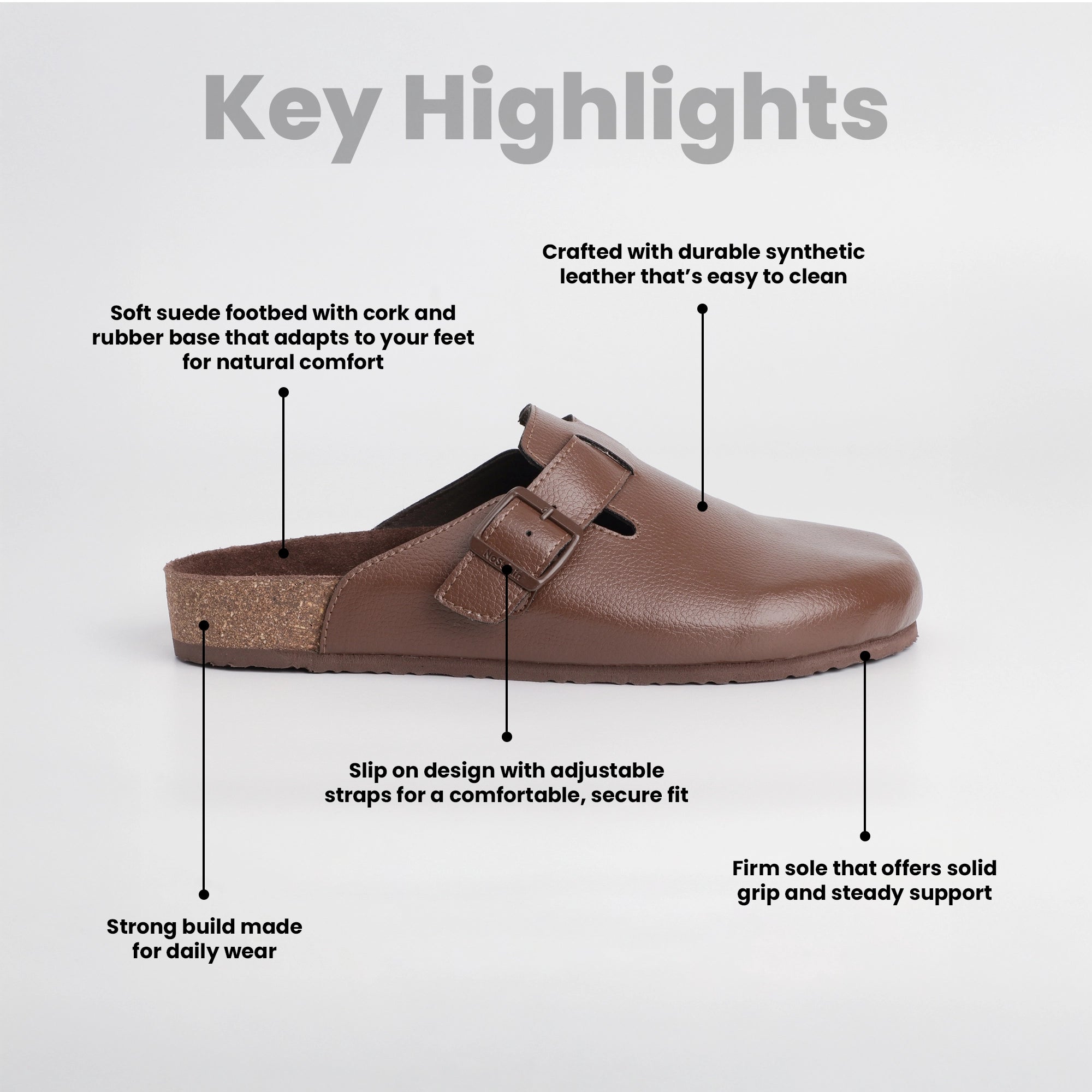 Brown cork half shoes for men with features highlighted for gents