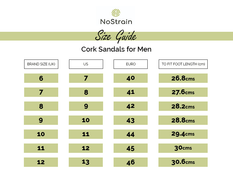 Cork Sandals Size Chart for men