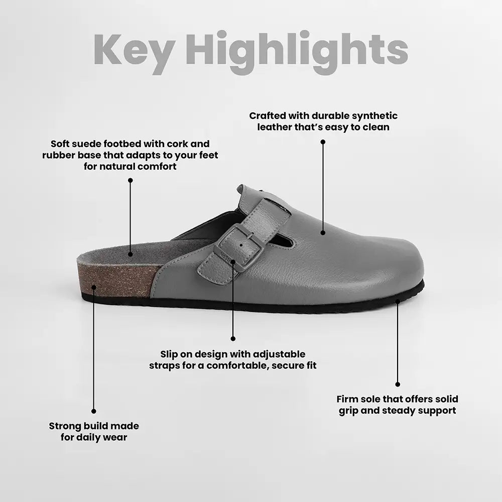 Grey mules for men with features highlighted
