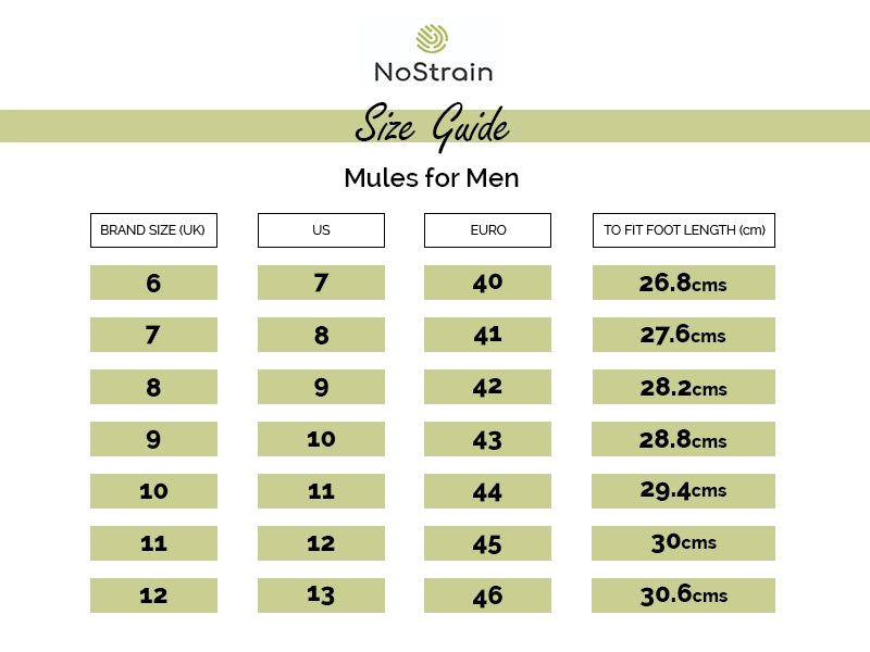 Size chart of mule shoes