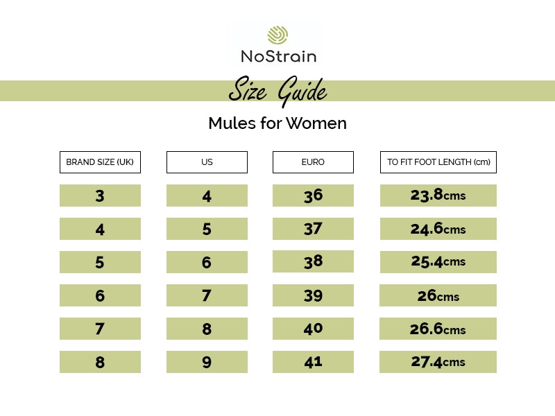 Mules size chart of women