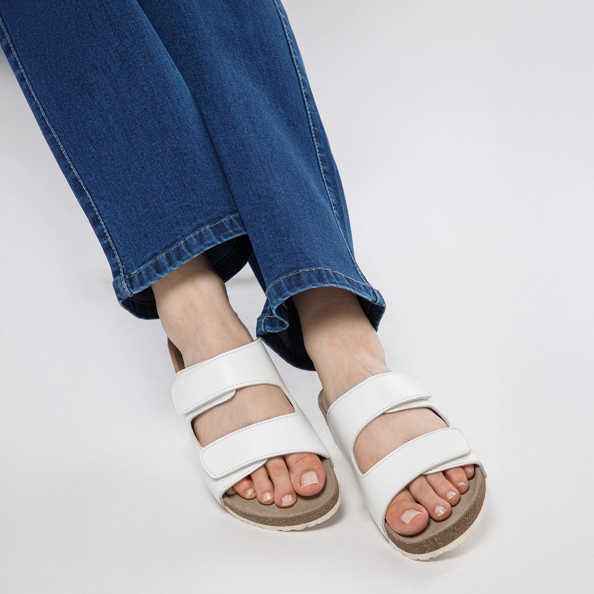White Parallel Cork Leather Sandals for Women - Main Image