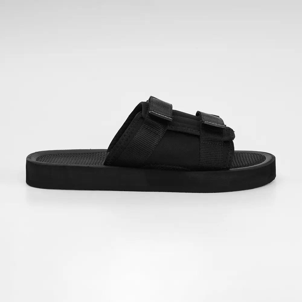 NoStrain woven textile sandals with secure hook and loop closure for outdoor use.