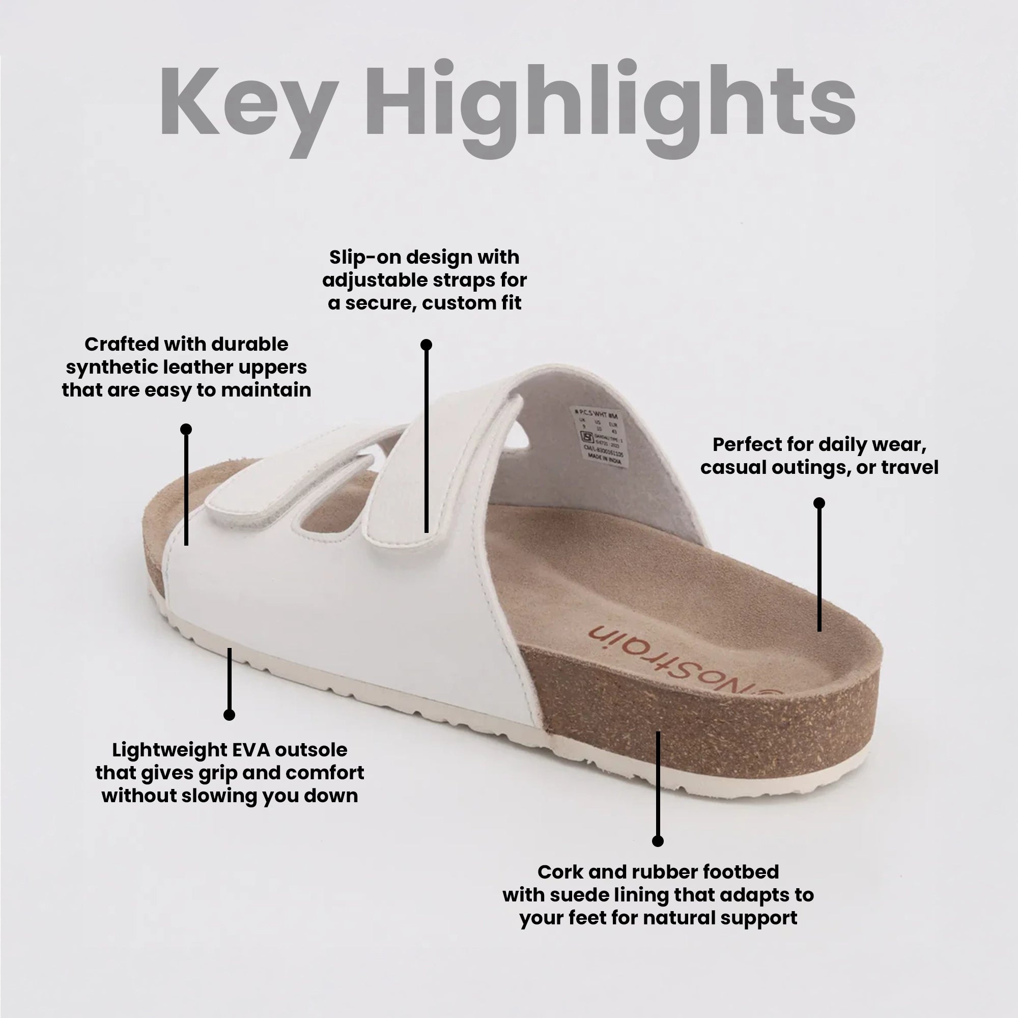 Men white parallel cork sandals with key highlights