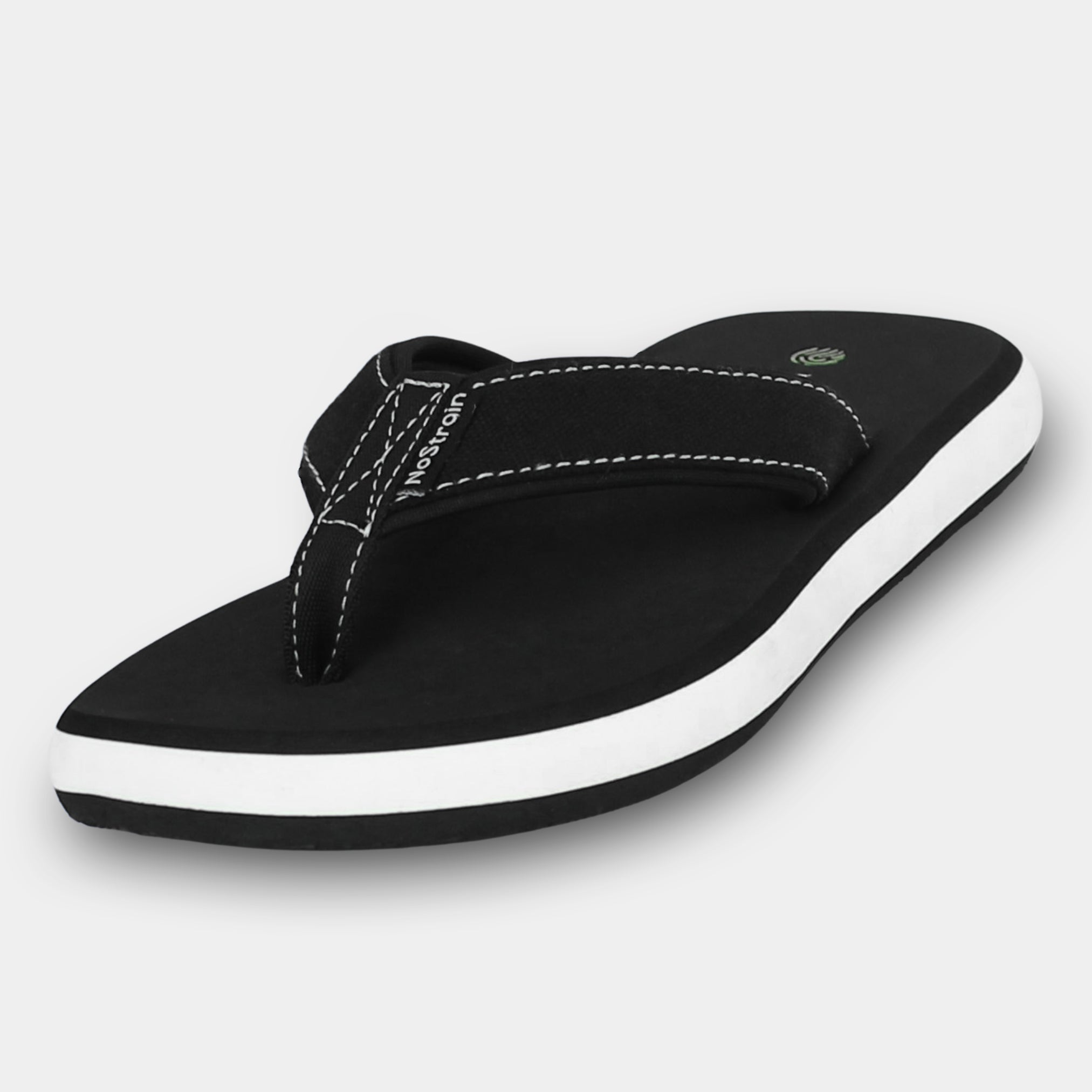 Black slippers with stitched straps