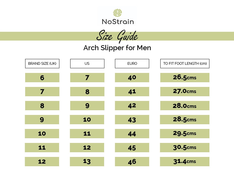 Arch Support Slippers Size Chart for Men