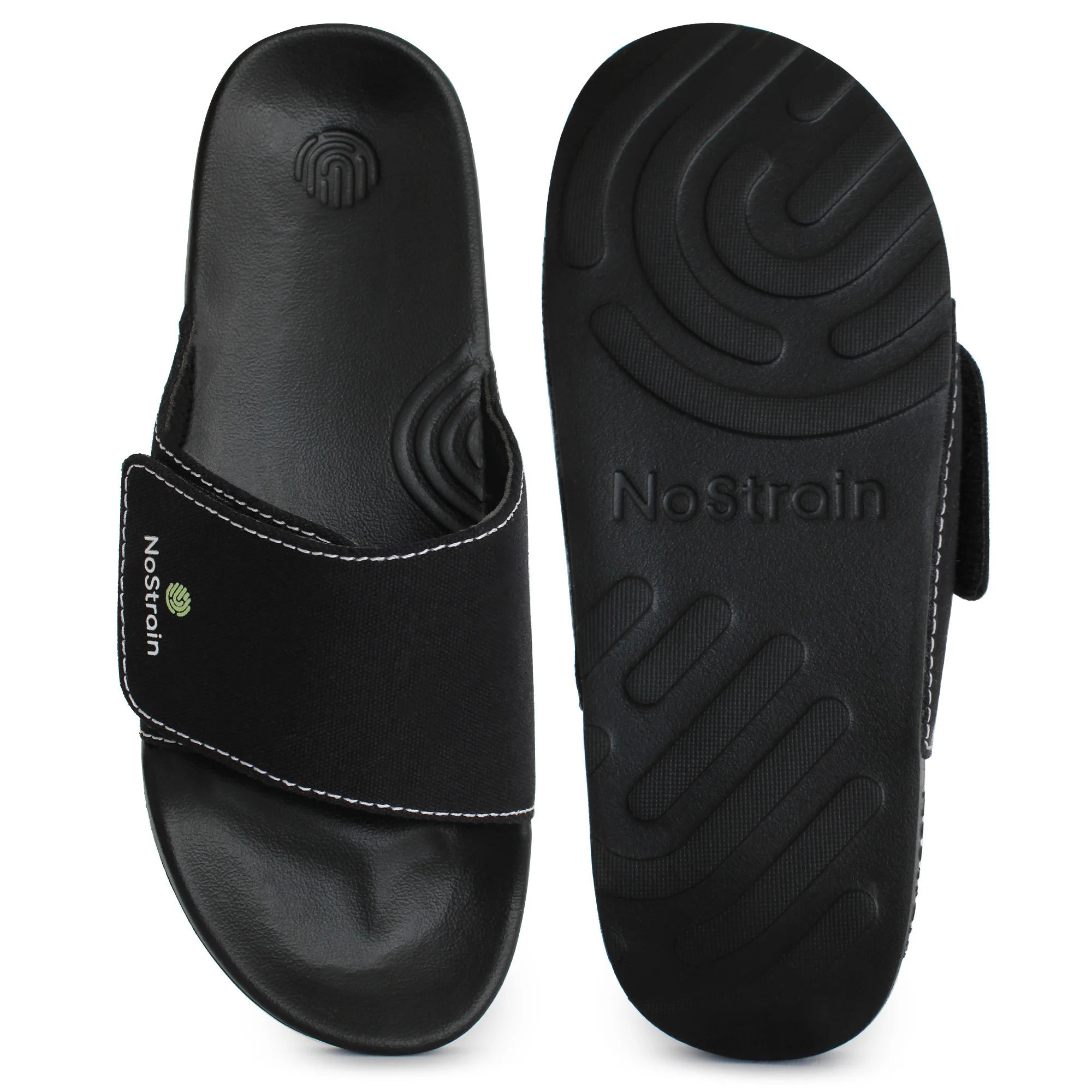 Side view of black canvas sugar sliders, showing top and bottom portion.