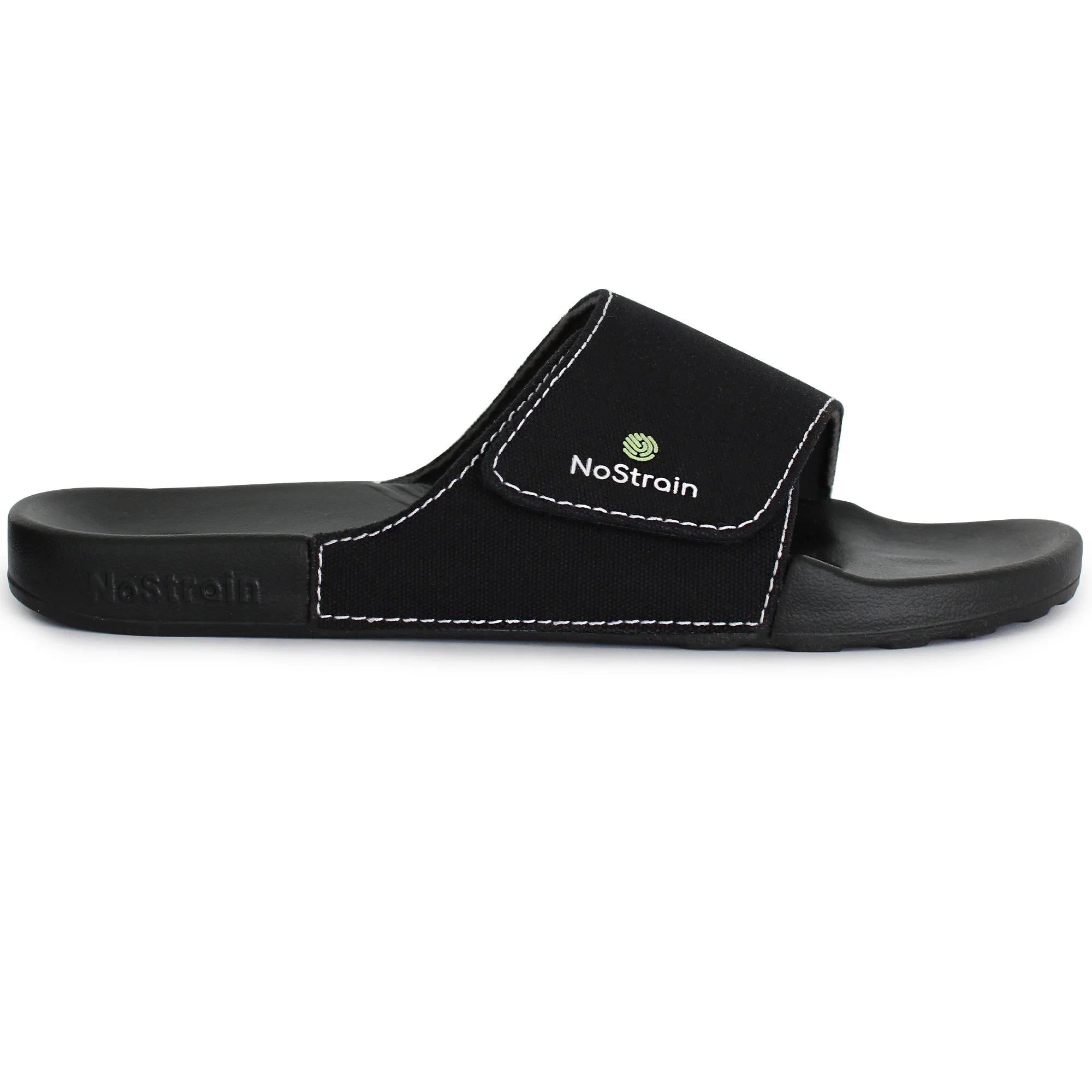 Close-up of men's black canvas sugar sliders, showcasing the stitched details.