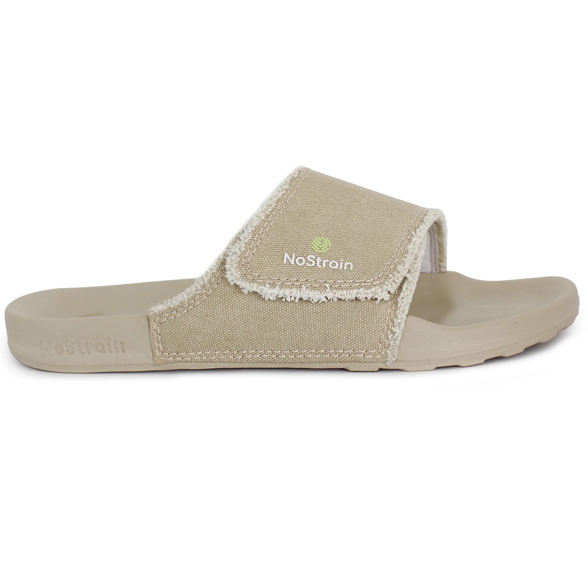 Close up of men's sliders in sandy beige canvas with rough edges and EVA sole.